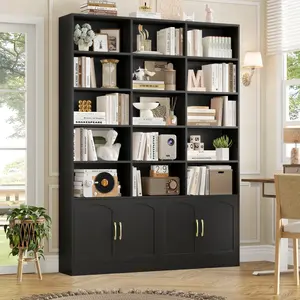 【2 Packages Shipped】Modern 15-Cube Bookcase with 4 Doors & 2 Storage Cabinets | 5-Tier Triple-Wide Large Bookshelf for Living Room, Study, and Home Office