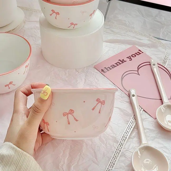 Pink Bow Ceramic Bowl & Spoon Set – Cute Tableware with Delicate Bow Design, Durable & Food-Safe, Dishwasher & Microwave Safe, Perfect for Rice, Soup, Yogurt, Fruits, or Snacks
