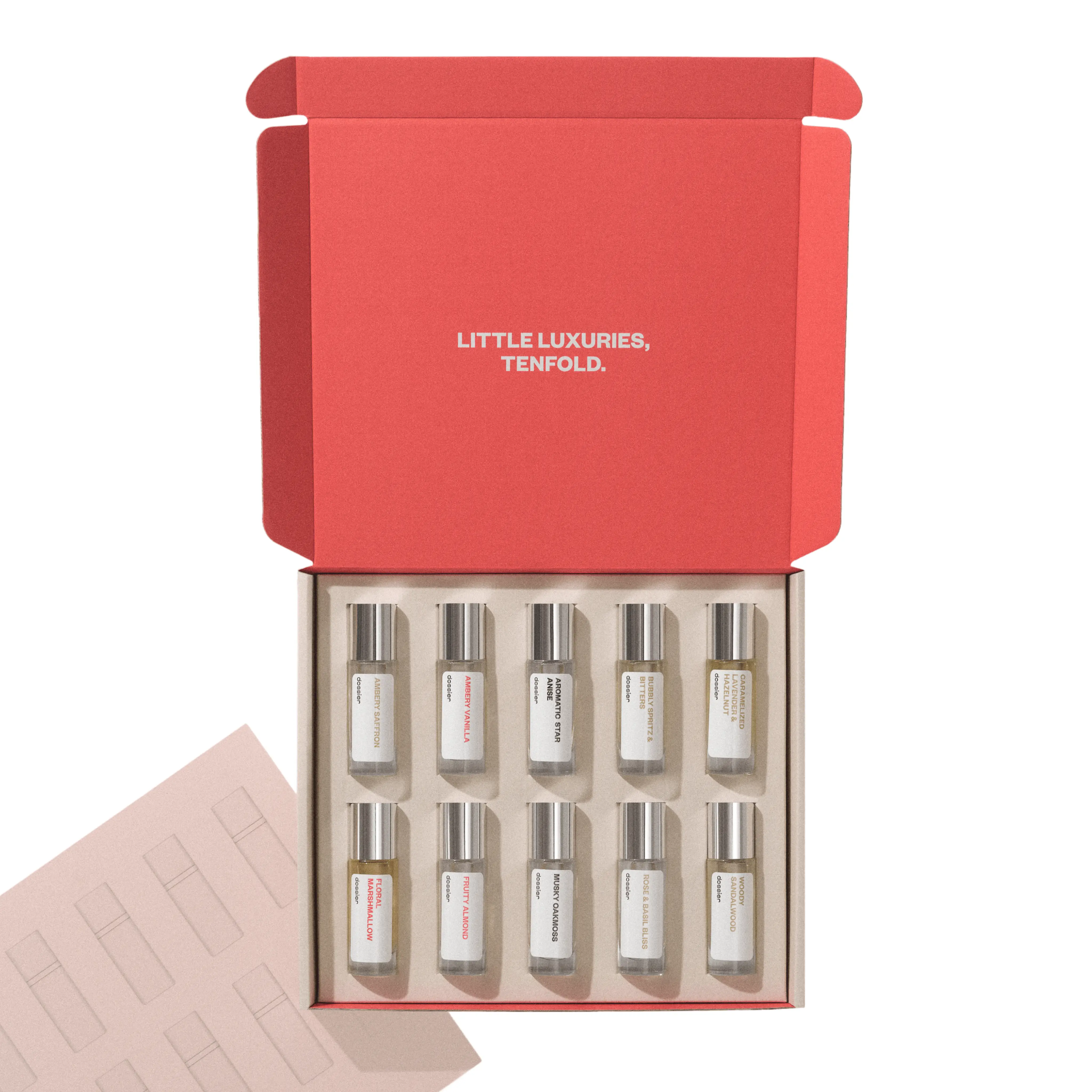 Discovery Set, Dossier Perfumes, 10x11ml, Eau de Parfum, Ambery Saffron and Vanilla, Floral Marshmallow, Woody Sandalwood