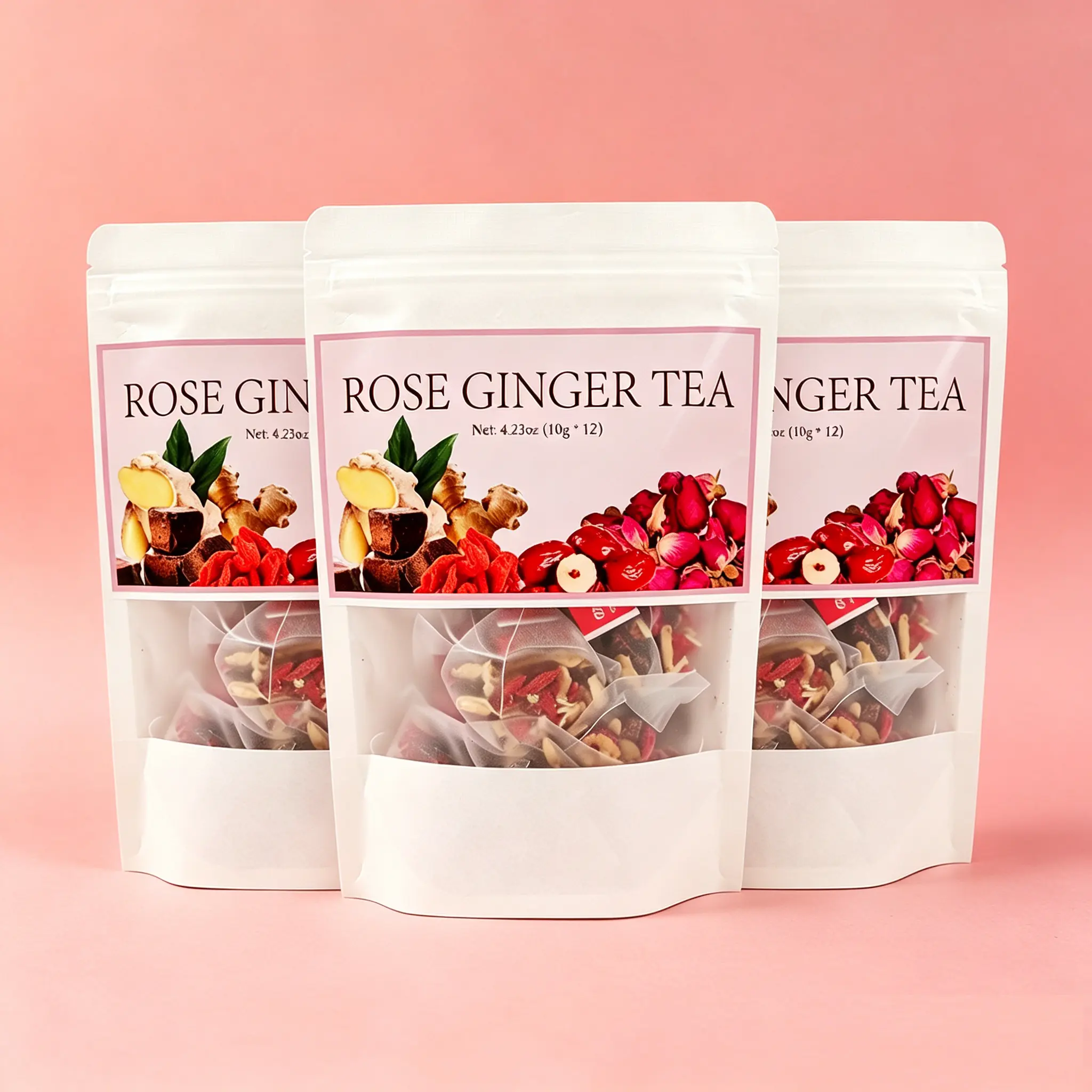Warming Rose Ginger Herbal Tea – Spicy-Sweet Caffeine-Free Blend with Goji & Red Ginseng, 12 Individually Wrapped Bags, Cozy Self-Care Ritual