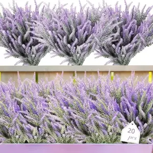 20 Bundles Artificial Lavender Flowers UV Resistant Faux Plastic Flowers Faux Lavender Plants for Outdoor Garden Patio Window Box Office Table Centerpiece Indoor Decoration (Purple)