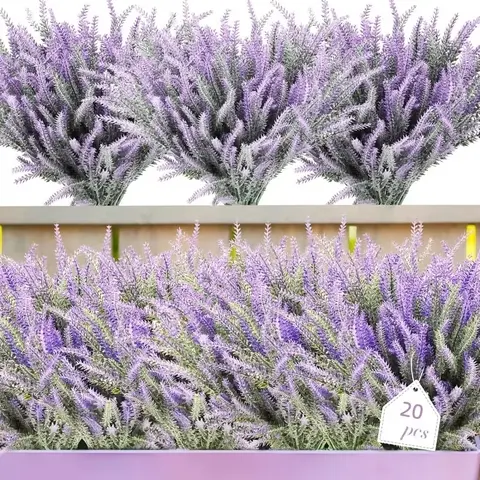 20 Bundles Artificial Lavender Flowers UV Resistant Faux Plastic Flowers Faux Lavender Plants for Outdoor Garden Patio Window Box Office Table Centerpiece Indoor Decoration (Purple)
