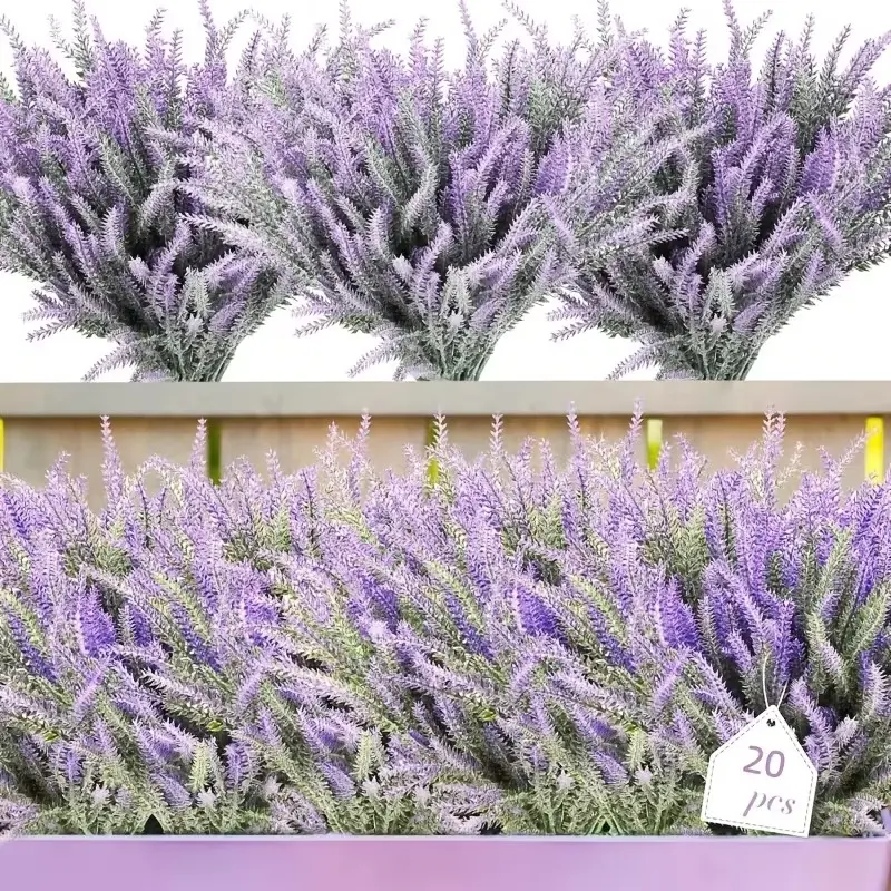 20 Bundles Artificial Lavender Flowers UV Resistant Faux Plastic Flowers Faux Lavender Plants for Outdoor Garden Patio Window Box Office Table Centerpiece Indoor Decoration (Purple)