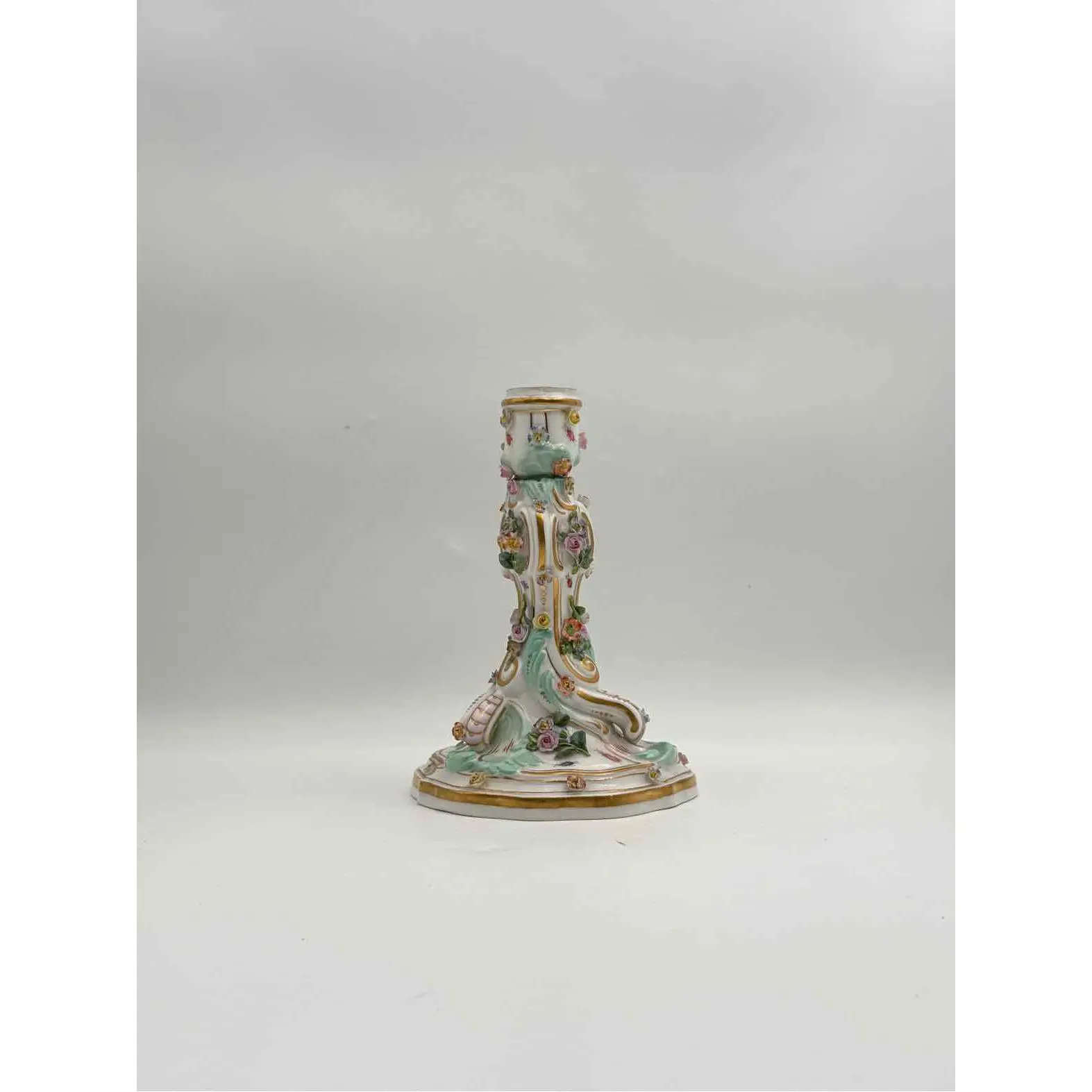 Meissen Porcelain Single Candleholder with Flowers & Rococo Scrollwork