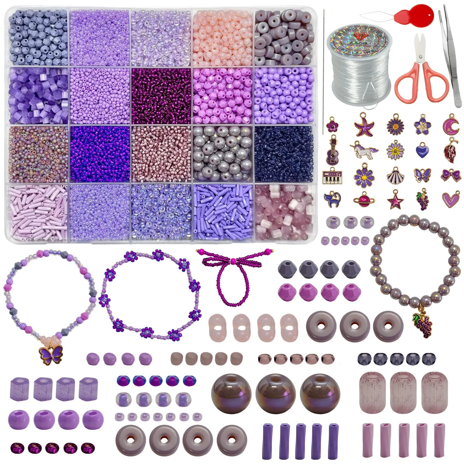 DIY Beading & Jewelry Making Kit - 12183 Multi-Size Purple Glass Beads Storage Box with Seed/Tube/Round Beads, Metal Charms, Elastic String, Scissors, Tweezers for Bracelets, Necklaces, Handmade Gifts