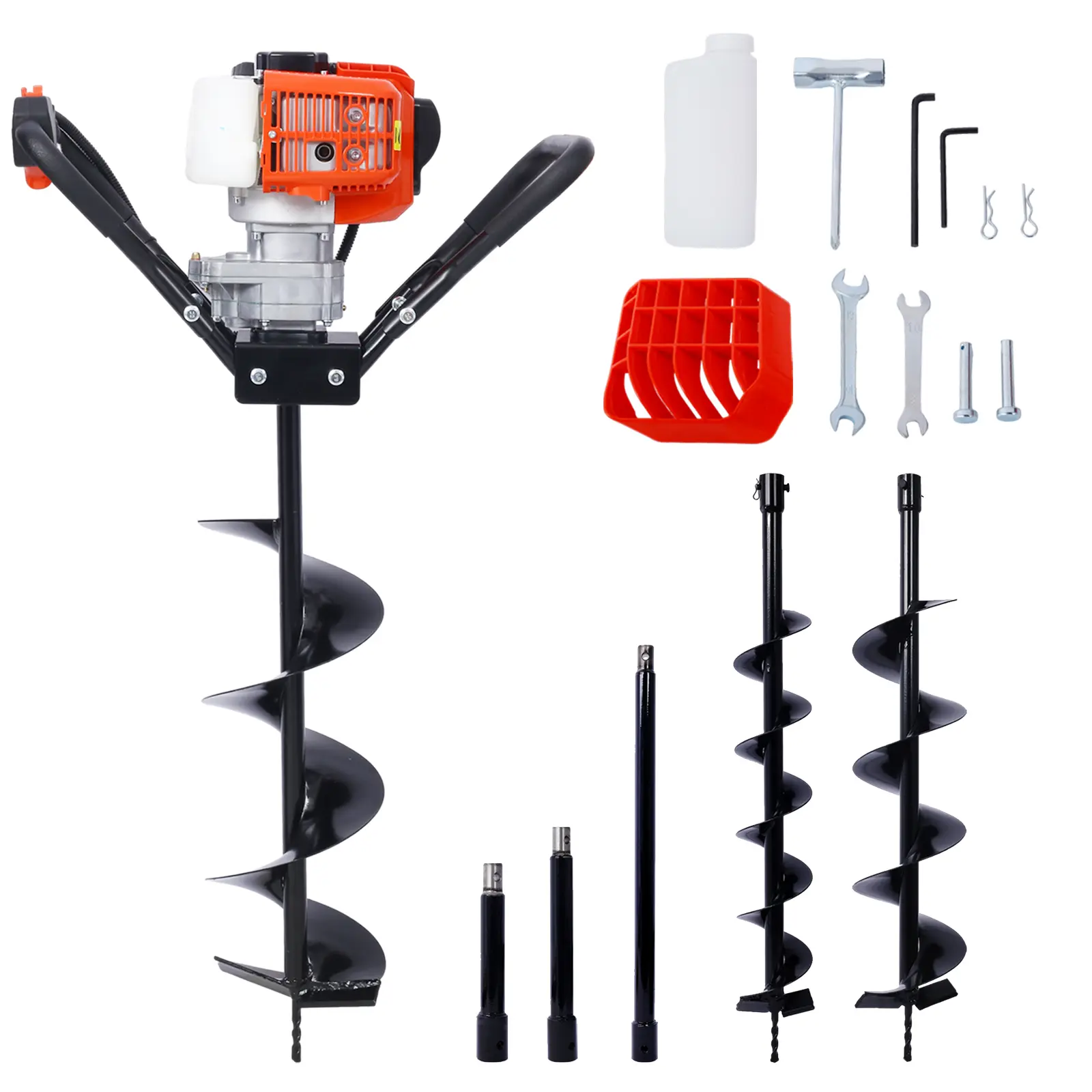52CC EPA 2-Stroke Gas Post Hole Digger Auger Set - Easy-to-Grip Throttle, Translucent Fuel Tank, 4"+6"+8" Drill Bits, Extension Rod Kit, Robust Power and Efficiency for Decks & Fence Posts