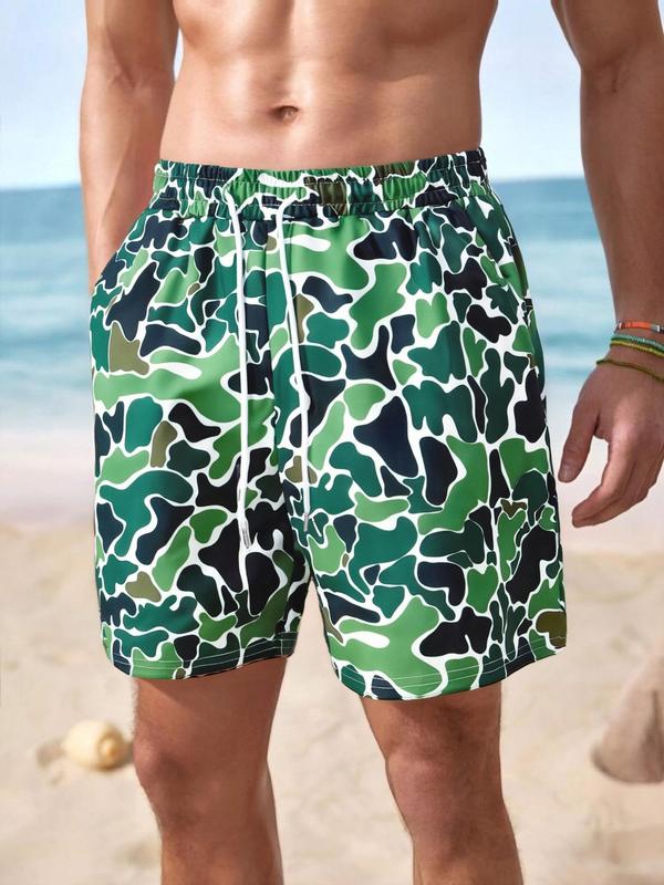 Men's Regular Fit Camo Print Drawstring Waist Beach Shorts, Camo Swim Trunks, Casual Comfy Breathable Swim Shorts for Summer, Men's Shorts for Beach Vacation