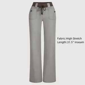 Flamingals Button Detail Drawstring Low Rise Flare Pants Comfortable Cotton Everyday Style Fitted with Pocket Springtok Spandex Flared Womenswear