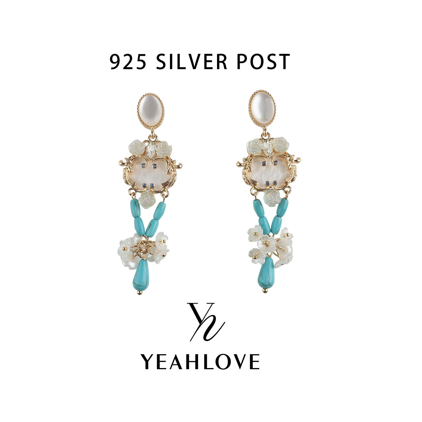 YEAHLOVE Boho Turquoise & Mother-of-Pearl Floral Drop Earrings  925 sterling silver posts — hypoallergenic, sensitive ears friendly. Vintage romantic statement style. Perfect for daily wear, parties, or gifting.