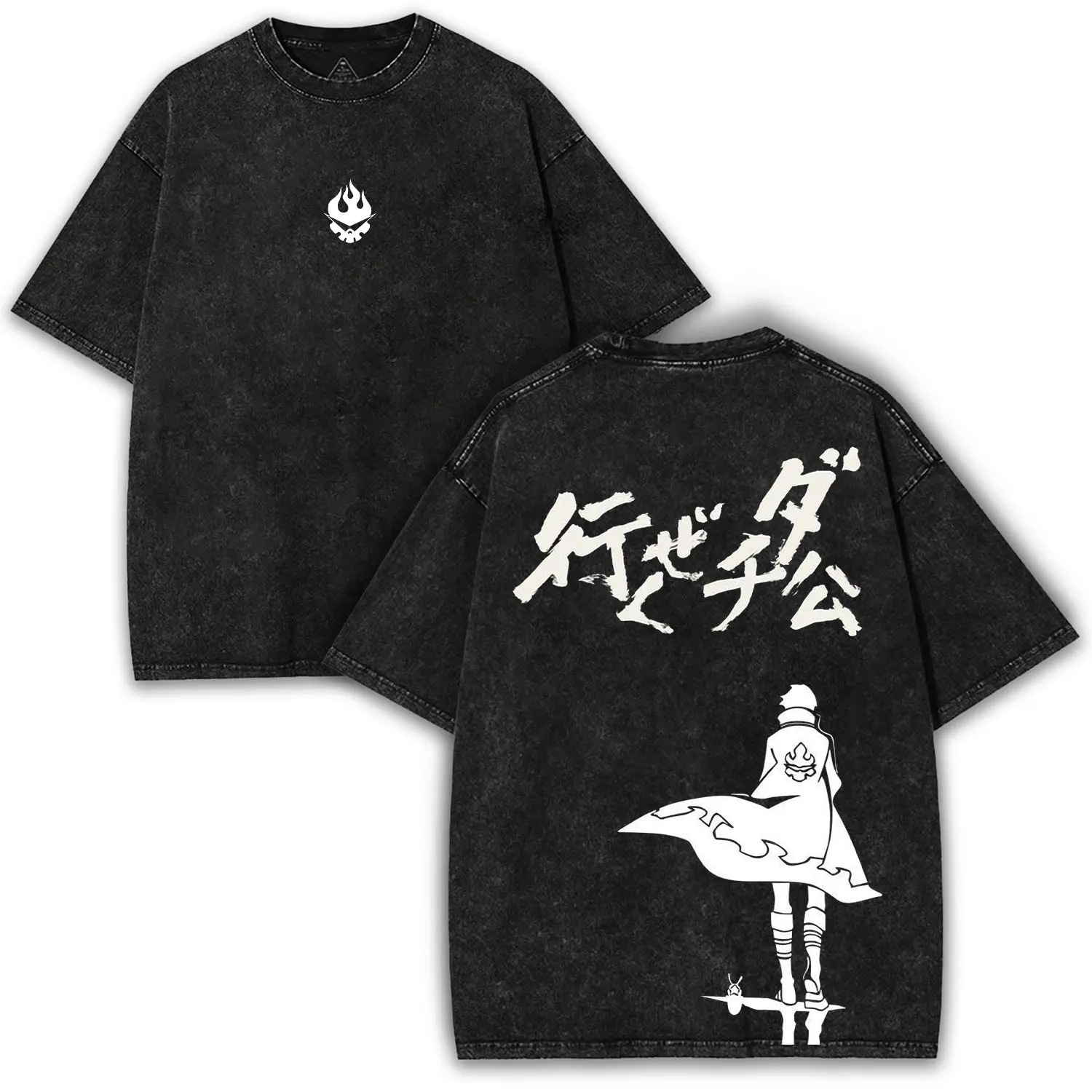 Gurren Lagann Simon Oversized Vintage Washed Tee – Team Dai-Gurren Logo and Japanese Lettering Double Printed Shirt | Retro Anime Streetwear Cotton Menswear