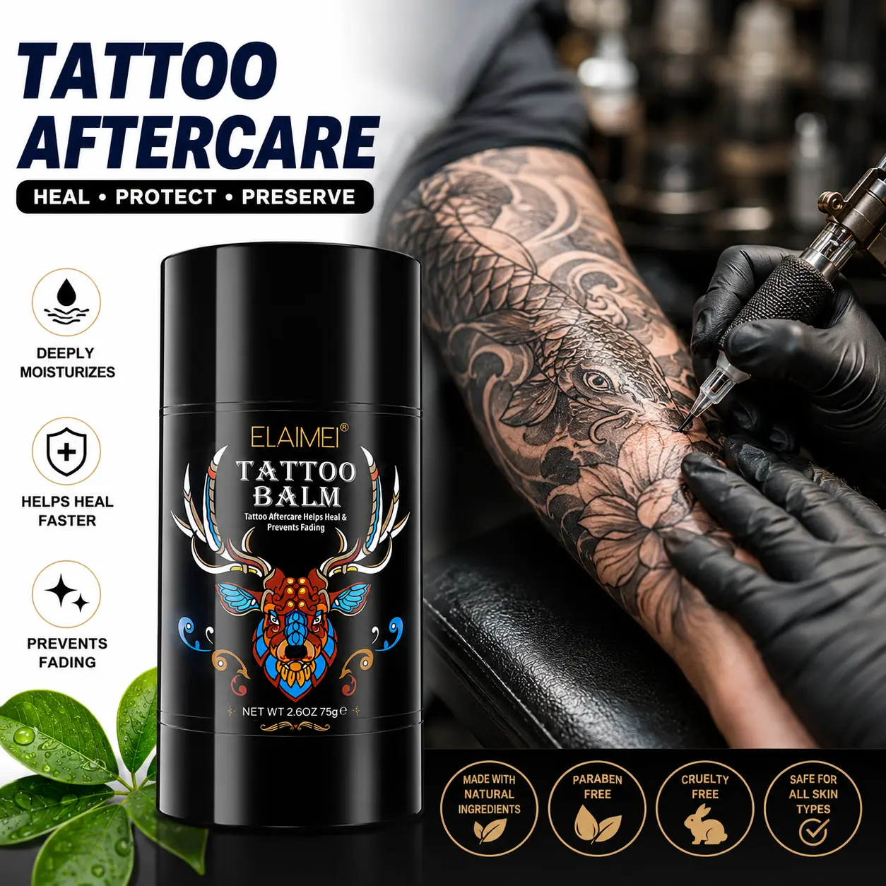 Tattoo Aftercare Balm 2.6oz (75g), Tattoo Moisturizer for New & Old Tattoos, Helps Heal & Prevents Fading, Deep Hydration Tattoo Care Cream, Color Enhancing Tattoo Butter Balm, Nourishing Dry Skin, Long Lasting Moisture, Daily Tattoo Maintenance