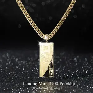 Elarique  14K Real Gold-Plated Dollar Pendant Necklace, Double-Sided Mini Money Design, Equipped With Ice Crystal Connectors, 24Inch Cuban Chain, Is A Hip-Hop Jewelry Gift For Street Fashion Enthusiasts