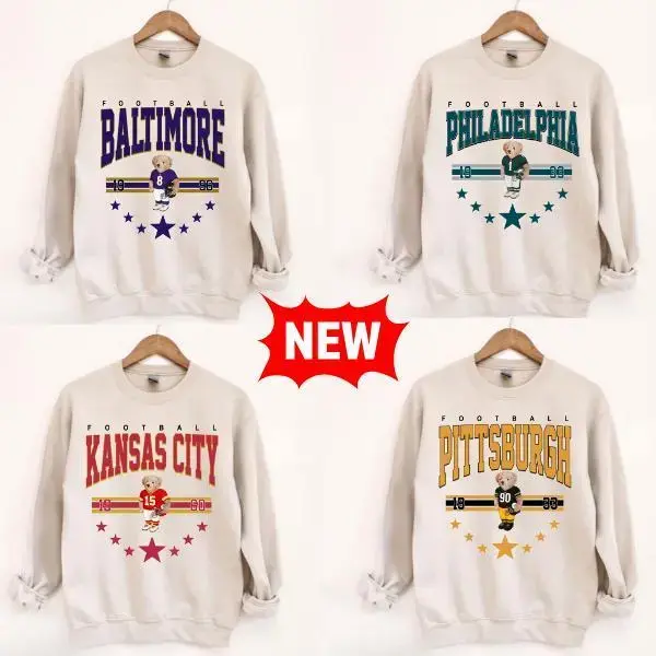 Trendy Teddy Bear Football All Team Vintage Sand Sweatshirt, Retro Sport Varsity Crewneck Pullover, Cozy Fall & Game Day Streetwear