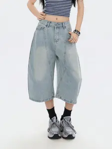 Women's Denim Capri Pants, Summer High-Waisted Loose Fit Jeans, Zipper Fly, Plain Pattern, Washed Denim, Versatile Fashion Shorts