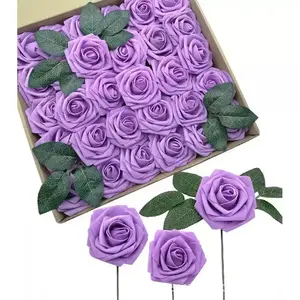 25pcs Purple Foam Artificial Roses with Stems & Leaves for DIY Wedding Bouquet Valentine’s Day Mother‘s Decor