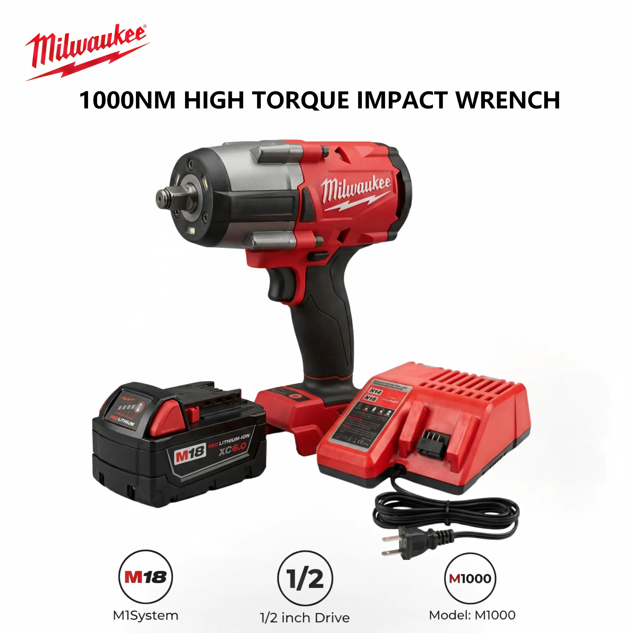 Milwaukee FMTIWF12 1/2 in Cordless Impact Wrench - 1000Nm Torque, 3 Adjustable Speed & Impact Modes, Compact Lightweight Tool for Heavy Truck Maintenance, Large Bolt Tightening Removal high rapid charger