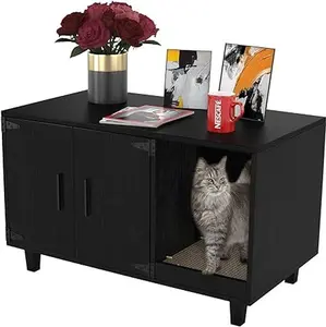 GDLF Modern Wood Pet Crate Cat Washroom Hidden Litter Box Enclosure Furniture House as Table Nightstand with Scratch Pad,Stackable (Black)