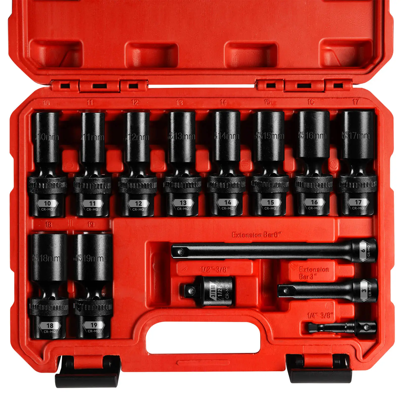 3/8" Drive CR-MO Swivel Socket Set,14 Pieces Deep Universal Impact Socket Set,Metric(10-19mm) Flexible Wobble Socket Set,3", 6" Extension Bars,Adapter