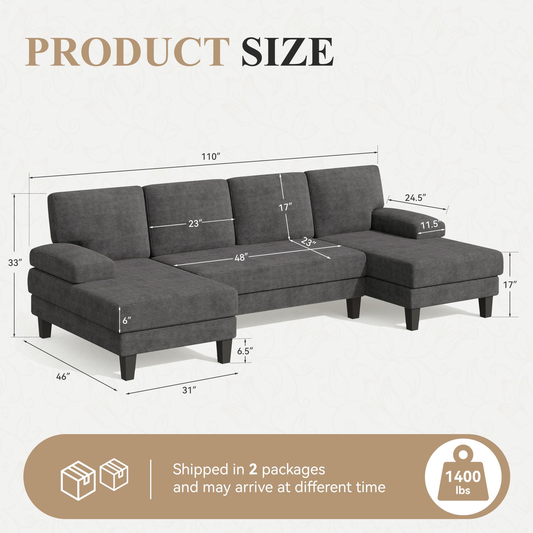 【2 Packages shipping】Classic U-Shaped Couch for Living Room U-Shaped Sectional Modular Sofa with Double Chaise Modern Lounge Sleeper for Apartment Khaki Beige Corduroy Fabric Two Fabrics Choices Strong Wood Frame Comfortable Material