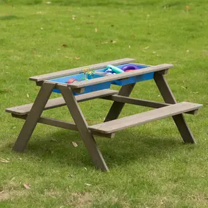 212 MAIN Kids Picnic Play Table, Outdoor Sandbox Table with Umbrella Hole, 2 Removable-Top Play Boxes, Gray