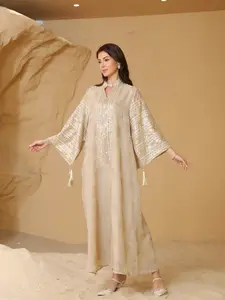 Women's Embroidery Long Sleeve Woven Dress Robe,Elegant Fringe Trim Arabic Clothing for Party Evening Formal Occasions,Ladies Clothes for All Seasons