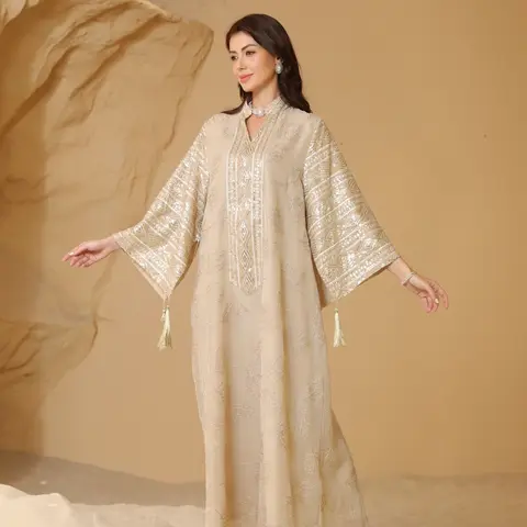 Women's Embroidery Long Sleeve Woven Fabric Dress Robe, Elegant Modesty Dress Chic Fringe Trim Arabic Womenswear Clothing Garment for Party Evening Formal Occasions, Ladies Clothes for All Seasons, Classy Modest Dresses