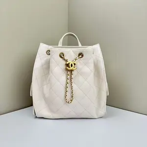 Pre-owned CHANEL Caviar Backpacks 25 Medium Quilted Drawstring Chain White CPU0507