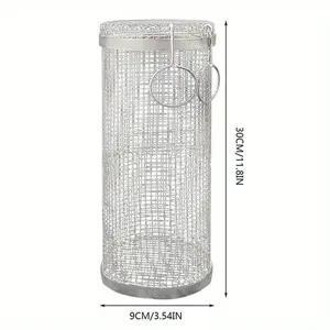 BBQ Basket Stainless Steel Rolling Grilling Basket Wire Mesh Cylinder Grill Basket Portable Round Outdoor Camping Barbecue Rack Barbecue Utensils