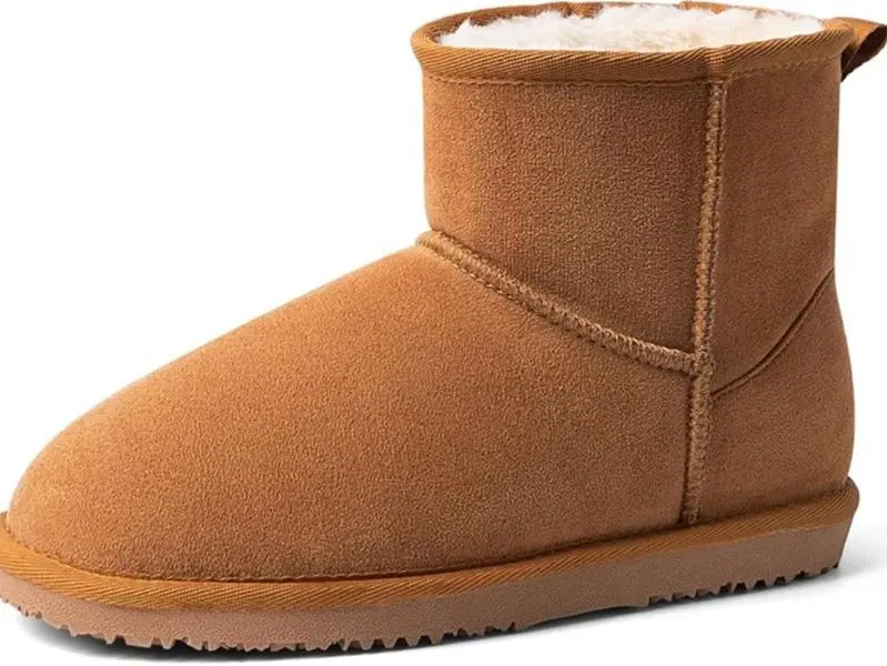 MUSSHOE Women's Mini Winter Boots Faux Fur Lined Ankle Booties, Lightweight Non-Slip TPR Sole, Warm Slip-On Snow Boots for Women, Chestnut / Black, End-of-Season Clearance