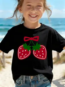Children's summer comfortable "Strawberry" pattern, outdoor casual sports - girls' cartoon printed T-shirt