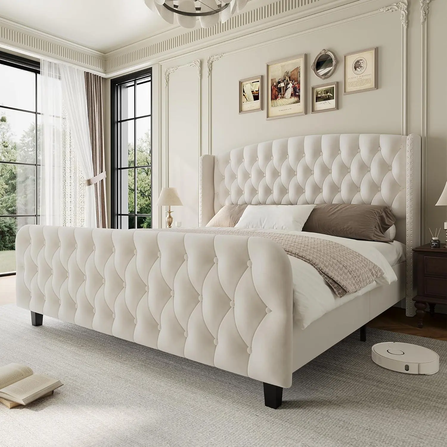 Queen Upholstered Bed Frame-51in Tall-Wingback Headboard-Footboard-Velvet Platform-No Box Spring Needed-Easy Assemble-Cream