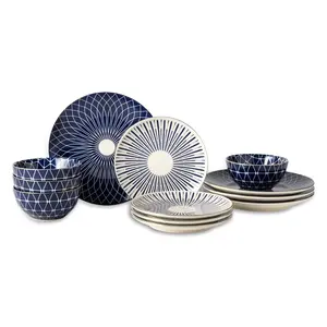 Blue and White Calypso 12-Piece Stoneware Dinnerware Set. Cutlery Tableware