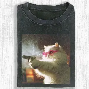 Funny Cat With Gun T-Shirt, Cool Kitty In Sunglasses Tee, Meme Cat Graphic Shirt, Vintage Aesthetic Cat Tee, Trending Streetwear Gift for Men and Women