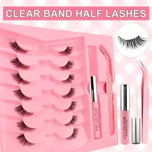 7 Pairs Transparent Stem Half Eye False Eyelashes Glue Set, Natural Fluffy Comfortable, Long Lasting Waterproof Travel Kit