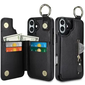 HianDier for iPhone 16 Plus Case with Card Holder PU Leather for iPhone 16 Plus Phone Case Women Finger Grip Ring for iPhone 16 Plus Wallet Case Shockproof Case for iPhone 16 Plus-Black