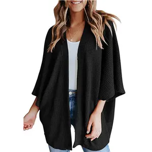 Batwing Sleeve Waffle Gerson Women's Cardigan - Oversized Loose Fit Summer Knitwear in Polyester & Cotton Blend - Available in Purple, White, Pink, Gray, Green, Black, Light Blue, Dark Blue, Brown, Apricot - S/M/L/XL/XXL Sizes