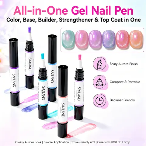 SAVILAND 5-in-1 Gel Nail Polish Pen, All-in-One Base Color Builder Strengthener & Top Coat, Easy-Apply UV/LED Gel Polish for DIY Manicures