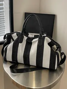 Retro style practical texture striped travel bag, simple and casual versatile large capacity multi back single shoulder handbag, can accommodate clothes, hats, and personal belongings, suitable for short trips and shopping