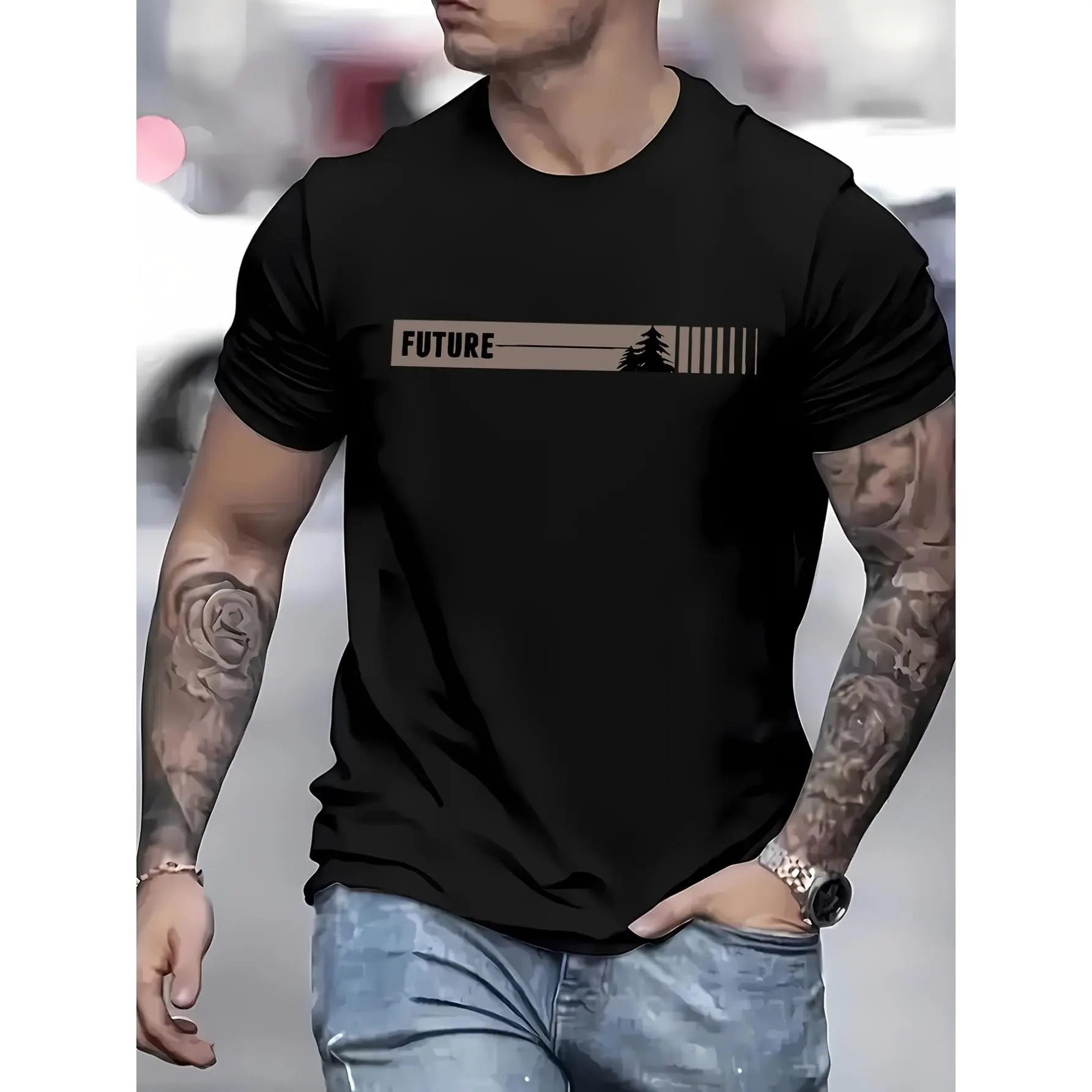 Men's "FUTURE" Minimalist Print Round Neck Short Sleeve Knit Tshirt - Casual Breathable Slight-Stretch Regular Fit Polyester-Spandex Top, Sporty Tops for Casual Outdoor Outfits, Casual Breathable Outfits