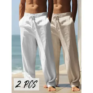 2pcs Men's Heavyweight Linen Pants - 95% Linen 5% Polyester Relaxed-Fit All-Season Trousers with Elastic Waist & Cuff |         Breathable Thermal Casual & Horseback Riding Pants for Indoor/Outdoor Activities |         Versatile for Semi-Formal to Casual