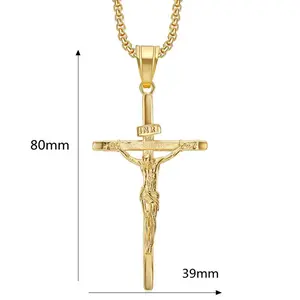 Men's Vintage 14K Gold-plated Jesus CrossPendant Necklace With Smooth Chain ReligiousJewelry For All Year Round Easter Graduation Gift