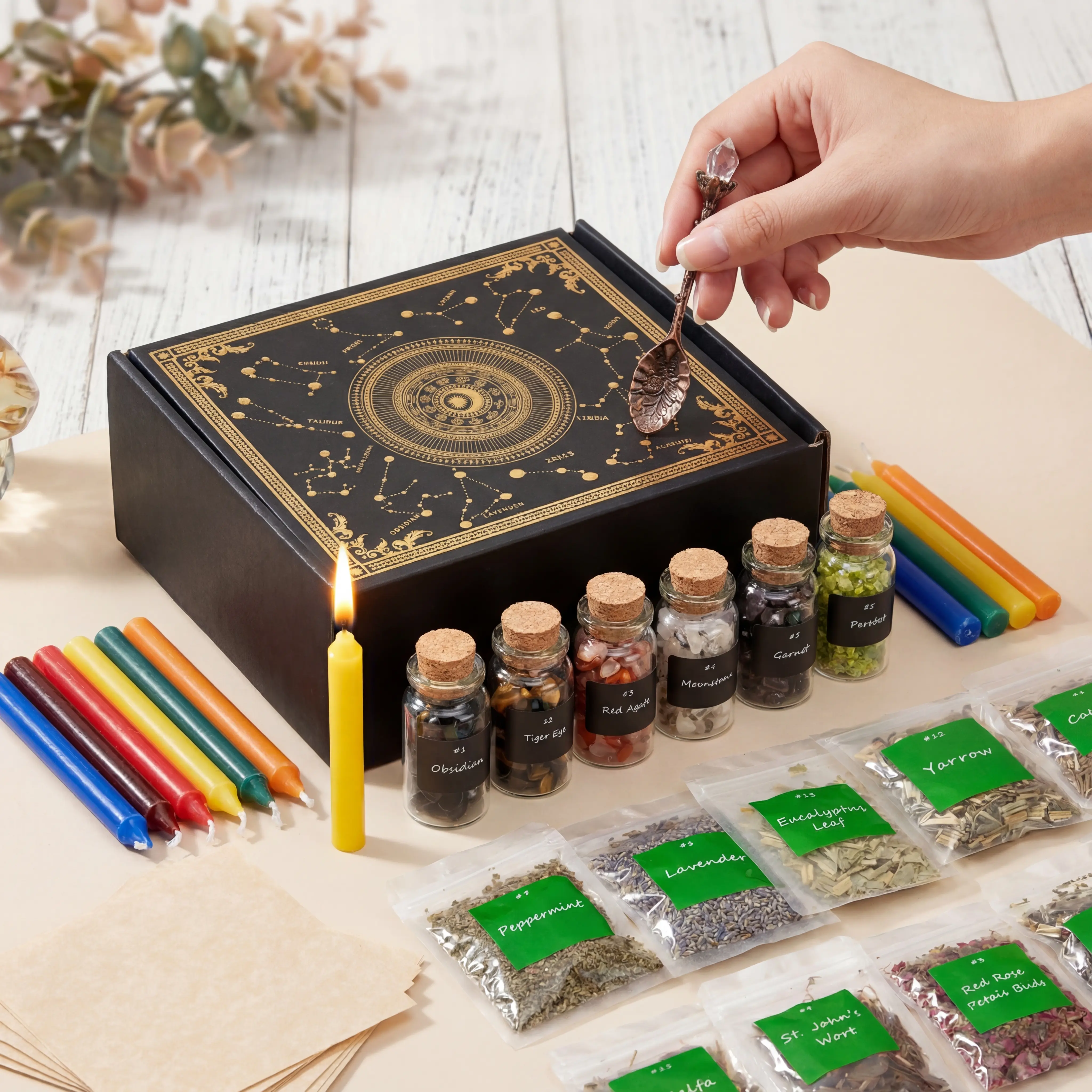 48-piece Witchcraft Beginner Kit: 15 Crystals, 15 Organic Herbs, 12 Zodiac Candles & Ritual Supplies – Complete Starter Set for Spells & Home Decor