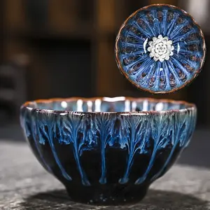 Jianzhan Ceramic Tea Cups Tea Sets Bowls Individual Household Gongfu Tea Cups with Unique Blue Glaze Design