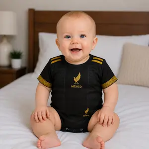 [Custom Name&Number Note Pls] - Mexico Baby Bodysuit – Black Gold Short Sleeve Infant Soccer Romper