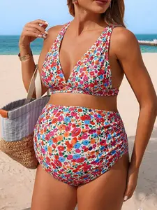 PRINCELY 2026 Summer Beach Vacation Floral Maternity Swimwear Set, New Women's Swimwear ArrivalFor School, Suitable For Holiday, Date, Afternoon Tea, Western, Cruise, Beach, Island, Road Trip, All Seasons, Music Festival, Boho Vacation, Bohemian Vacatio