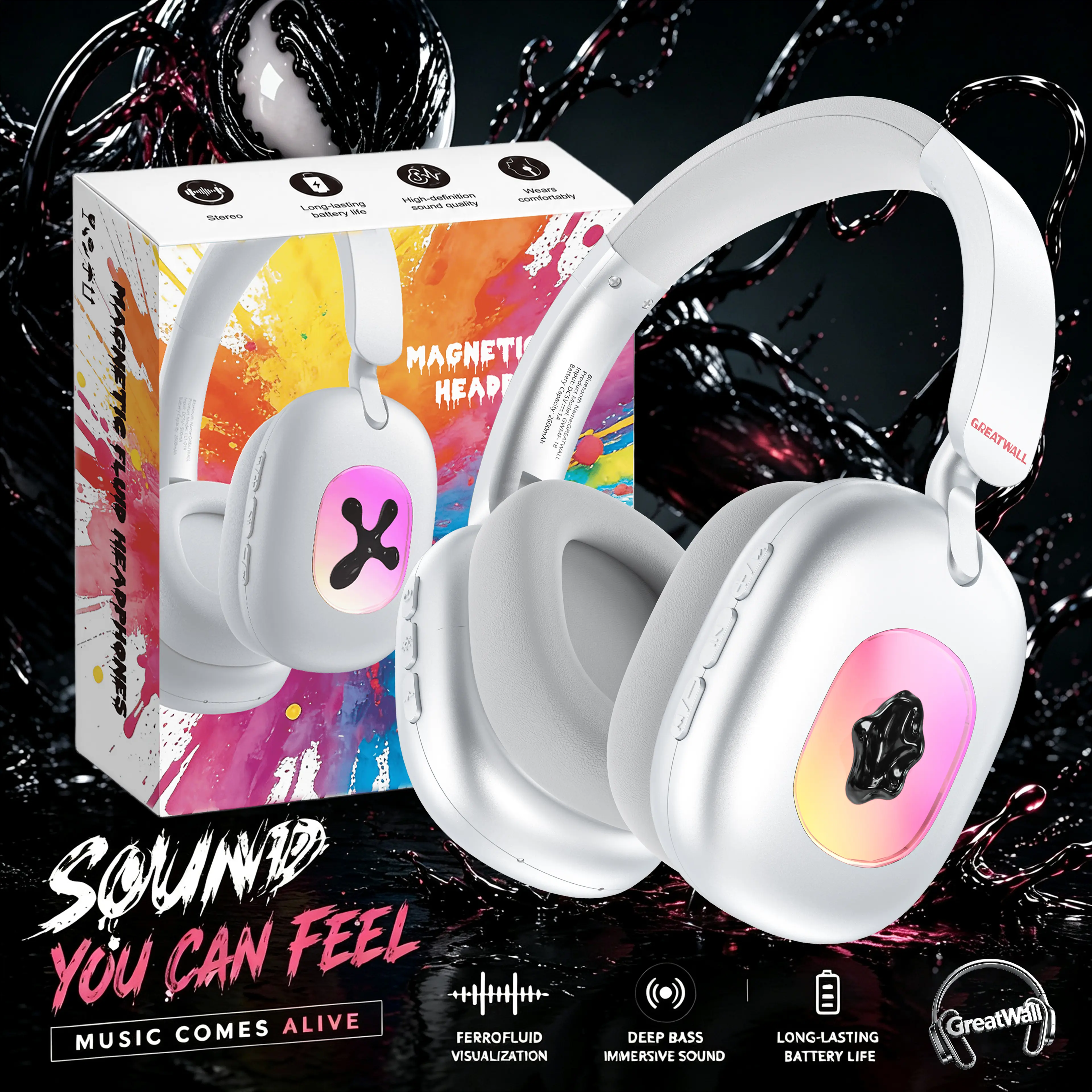 GreatWall Ferrofluid Headphones RGB Music Reactive Over Ear Bluetooth Headphones – Sound You Can See Electronic