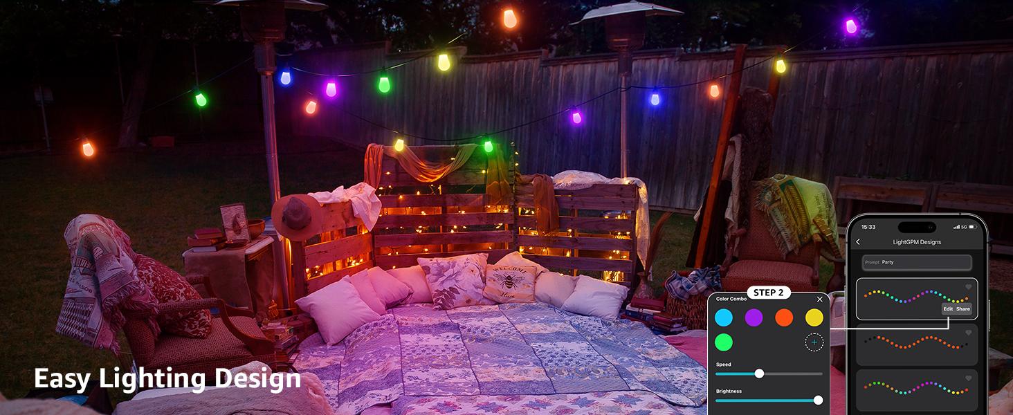 Lepro ZB1 AI Smart Outdoor String Lights APP Control, 54(42+12) ft RGB + IC +Warm White Waterproof Connectable Outdoor Strip Lights 15 LED Bulbs, Alexa Google Enabled, AI Generated Lighting LLM, NO Remote, 2.4 GHz WiFi+ Bluetooth