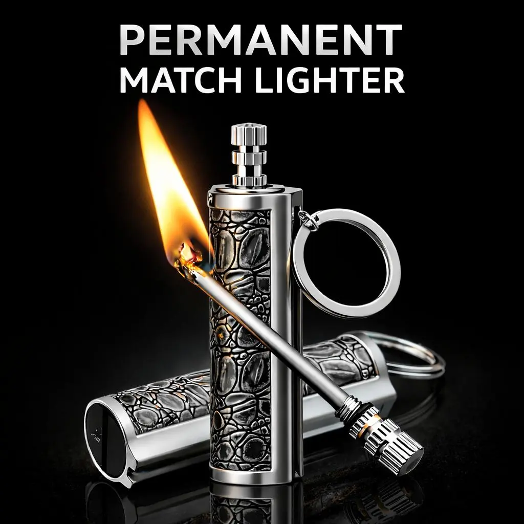 Keychain Lighter Gift, Retro Permanent Match Lighter Gift, Classic Refillable Keychain Fire Starter for Men, Portable EDC Lighter for Camping Outdoor Everyday Carry (Fuel Not Included)