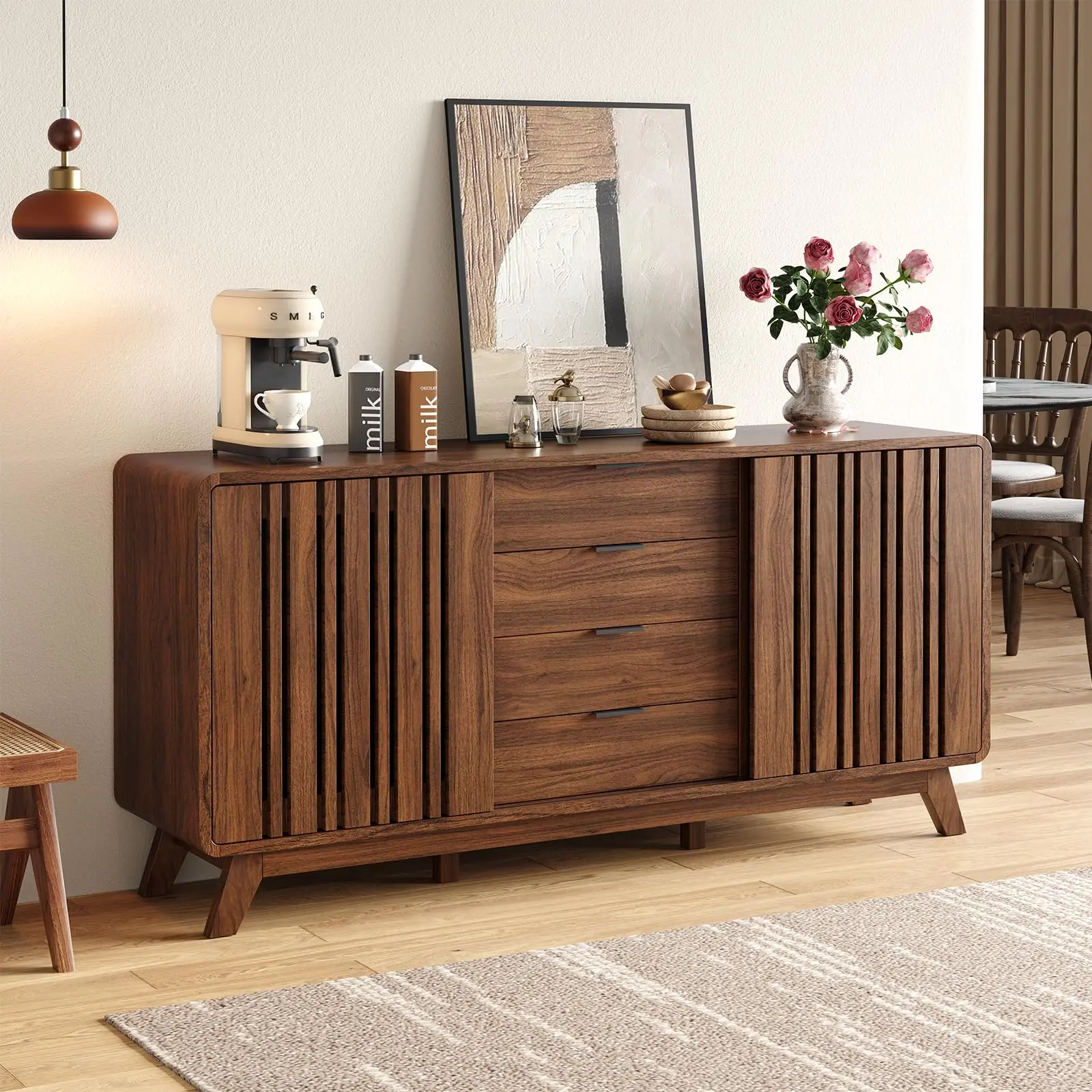 【SummerFinds】ONBRILL Freestanding Cupboard - Mid-Century Modern Sideboard Buffet with Fluted Design, Sliding Doors, 4 Drawers, Storage, Living Room TV Console Credenza Coffee Bar Dresser, Living Room Dresser, Tv Console Cabinet