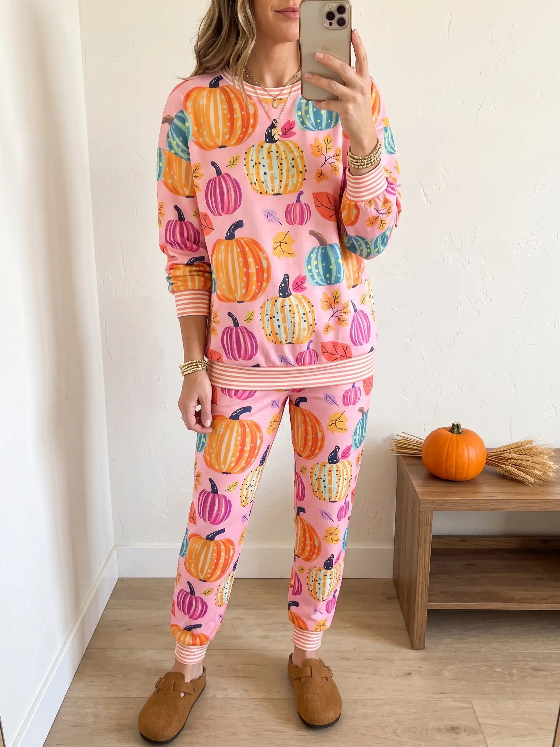 Women's Aesthetic Crewneck 2-Piece Pajamas & Loungewear Set, Colorful Pumpkin Print Retro Striped Pocket-Free Sweatsuit, Spooky Fall Outfit